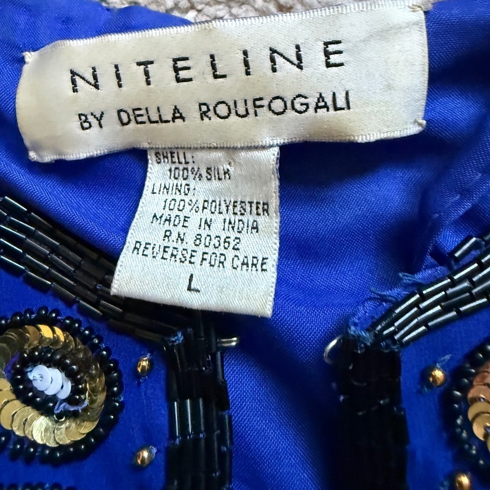 Niteline by Della Roufogali Silk Blue and Black Beaded Womens Jacket- Large - Picture 2 of 11